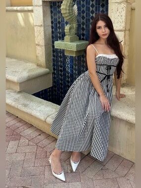 For Love and Lemons Gingham Midi Sundress with Tie Waist - Black & White Sz L